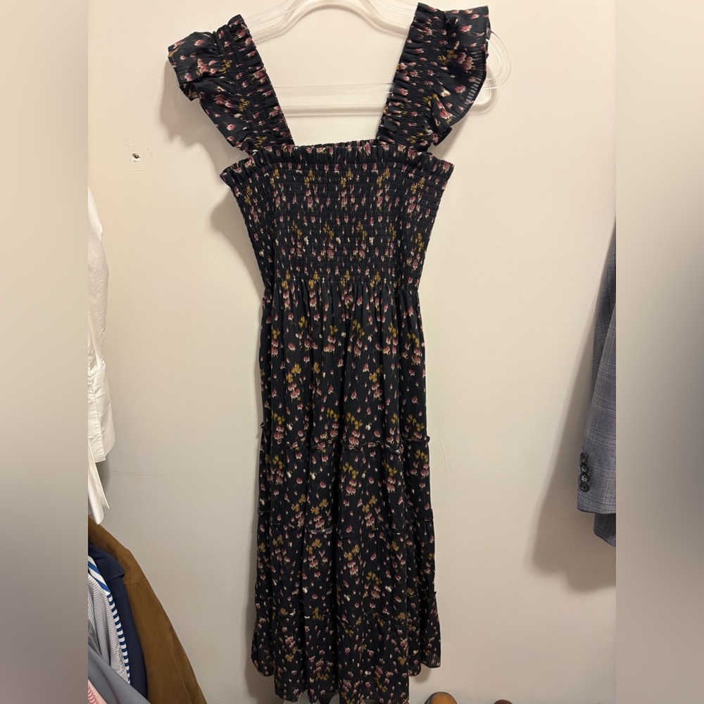 Hill House Black Midi Dress with Pink Floral Design